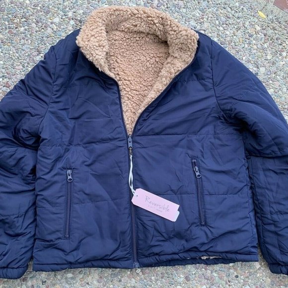 Forever 21 Teddy bear faux fur shearling reversible blue nylon jacket po… - Picture 5 of 9